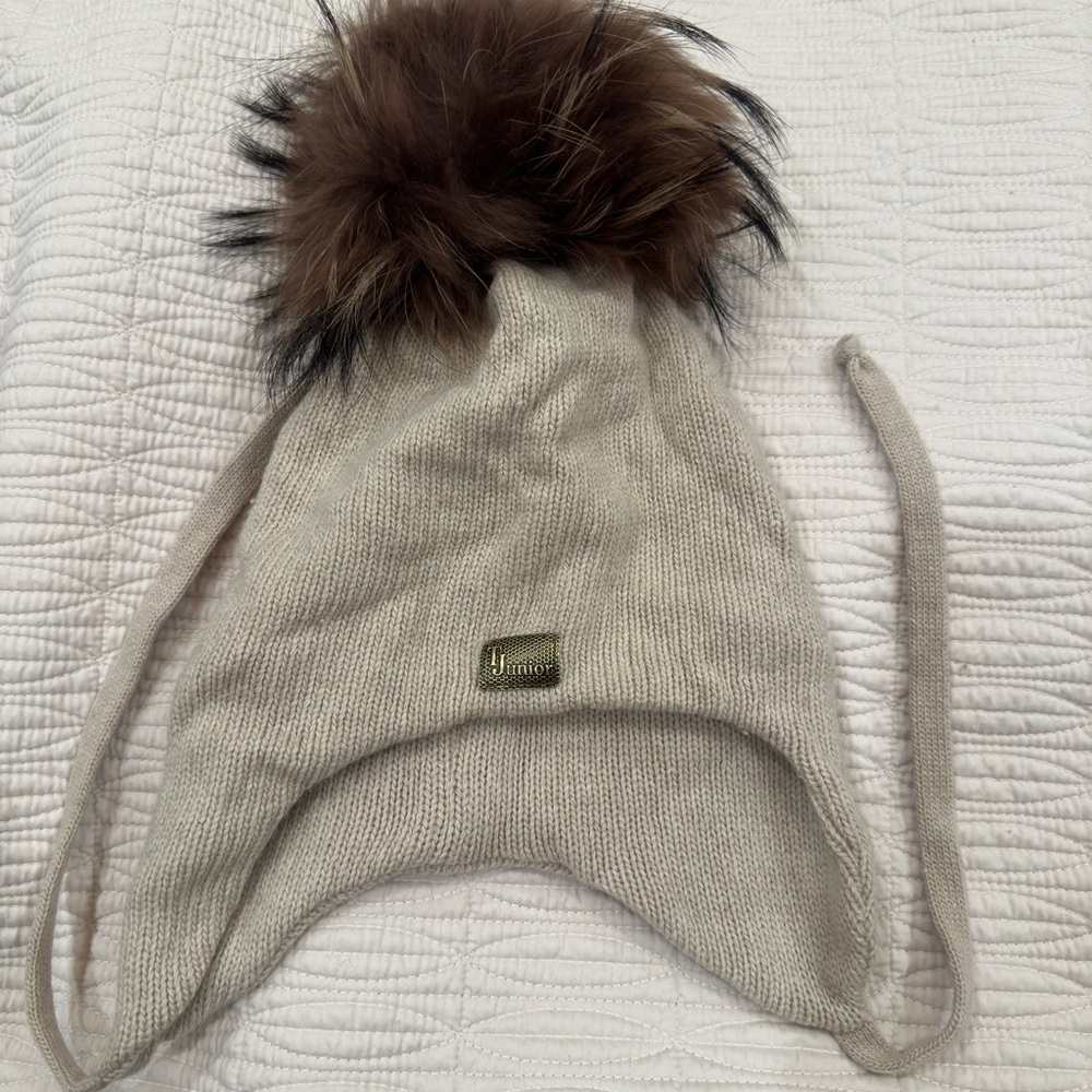 IL Trenino Cream Knit Hat with Brown Faux Fur Pom